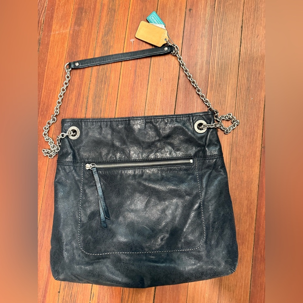 Coach Black Leather Shoulder Bag with Chain Strap